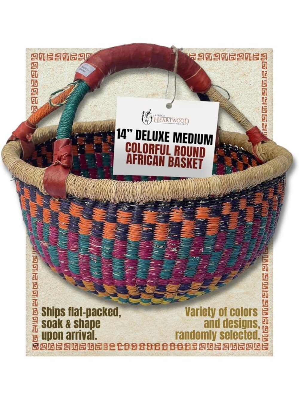 Handmade Colorful African Basket with Leather Handle - 14" Round, Eco-Friendly